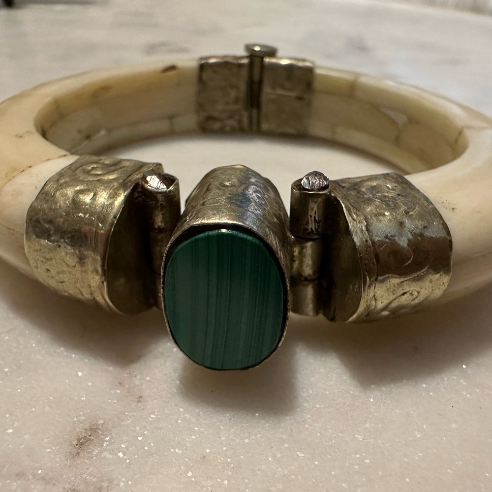 Vintage Tribal Bone Malachite and Brass Pin Hinge Bangle Bracelet